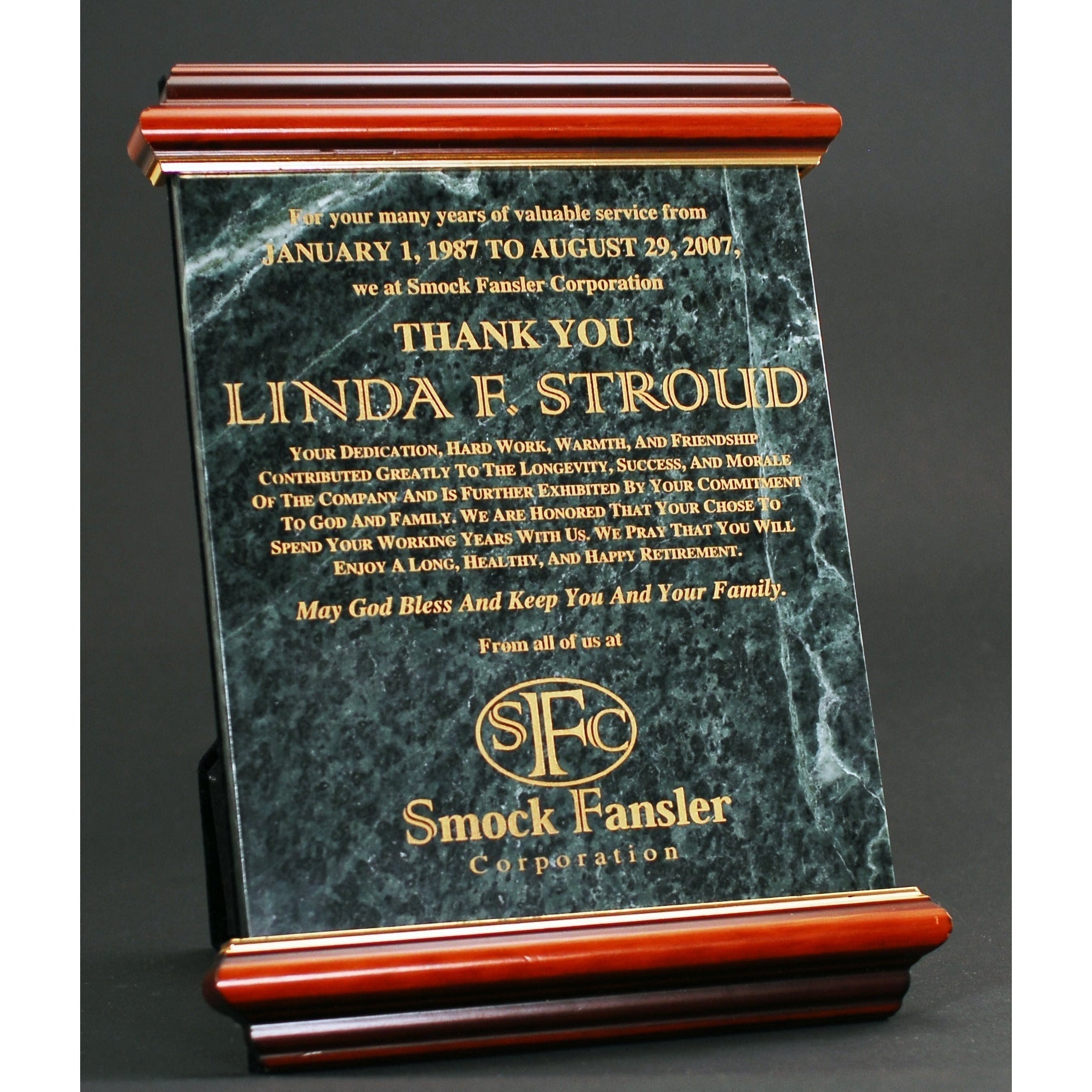 Mahogany Wood And Green Marble Panel | Alliance Awards LLC.