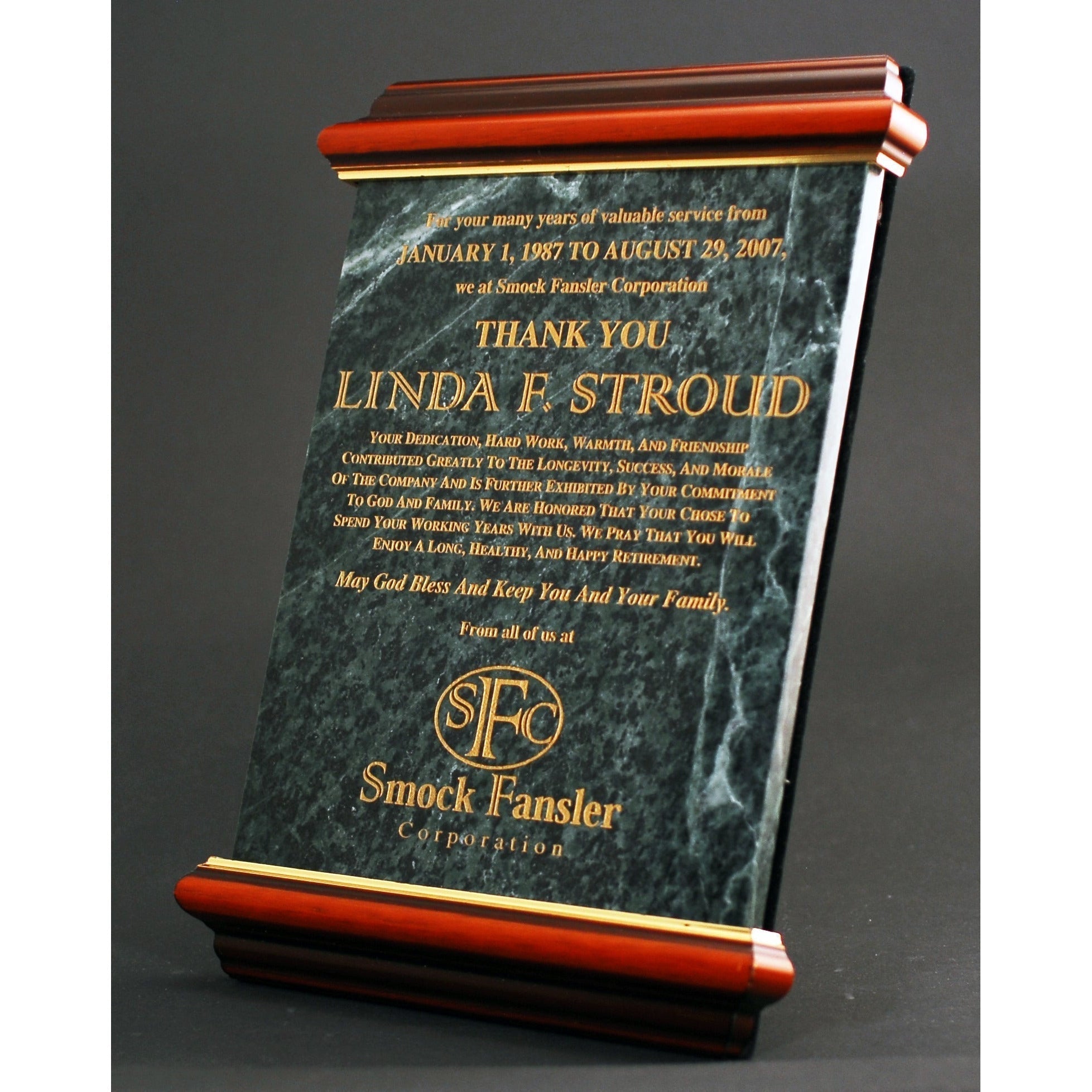 Mahogany Wood And Green Marble Panel | Alliance Awards LLC.