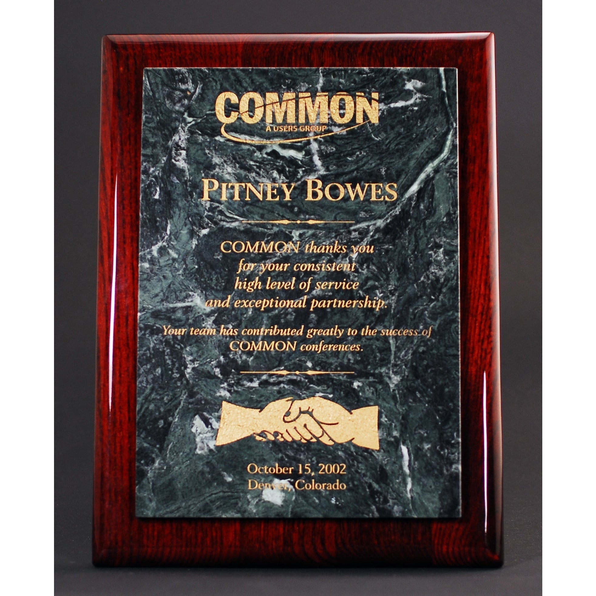 Rosewood Piano Finish Plaque With Green Marble Panel | Alliance Awards LLC.