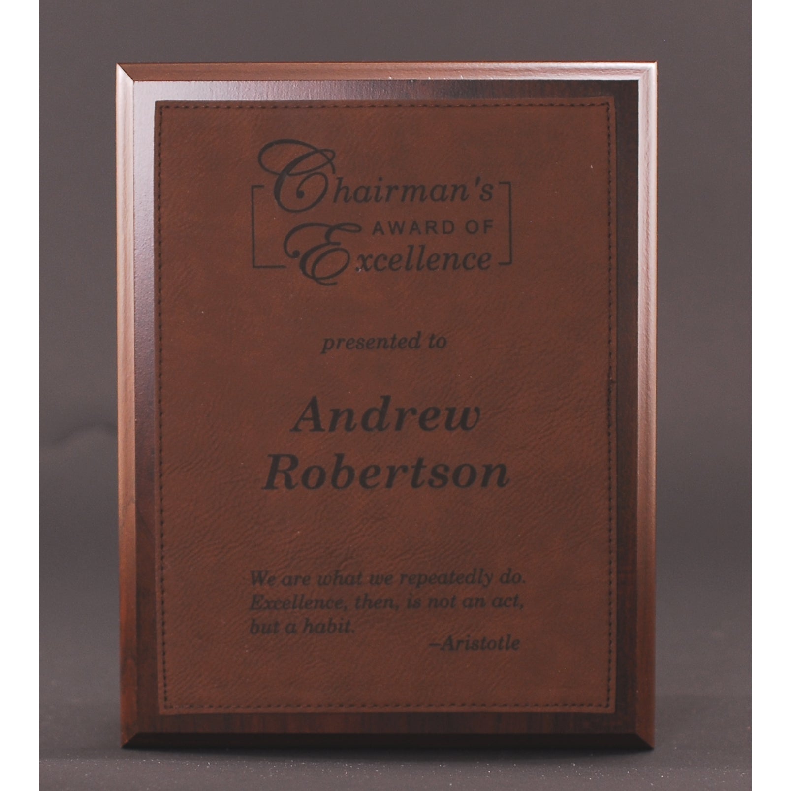 Simulated Walnut Plaque With Dark Brown Lasered Leatherette Plate | Alliance Awards LLC.