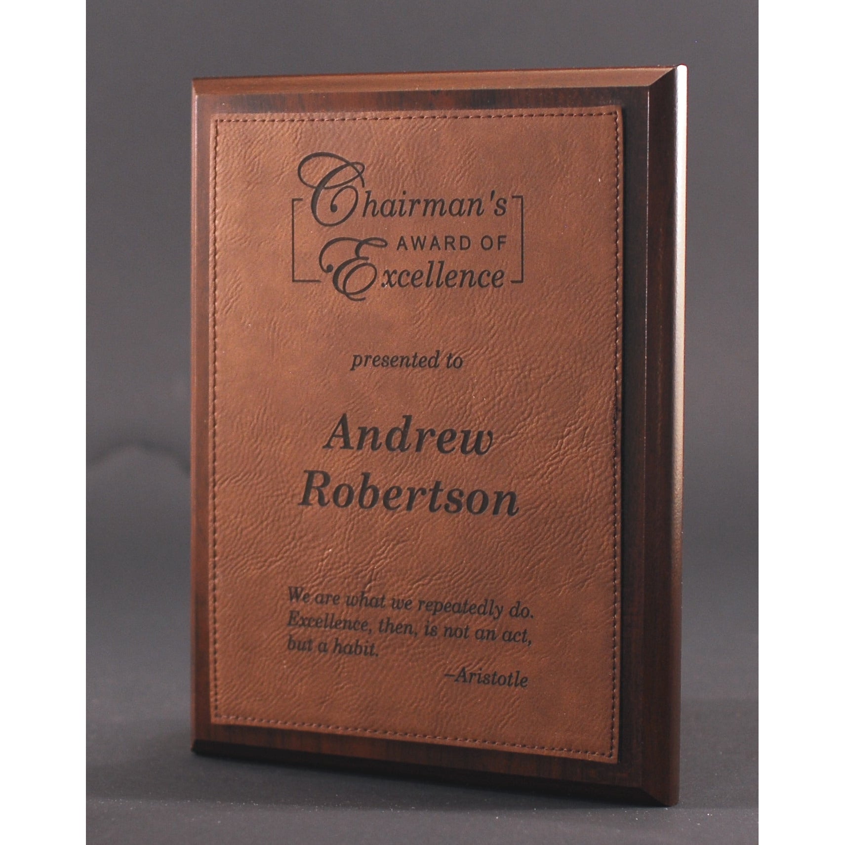 Simulated Walnut Plaque With Dark Brown Lasered Leatherette Plate | Alliance Awards LLC.