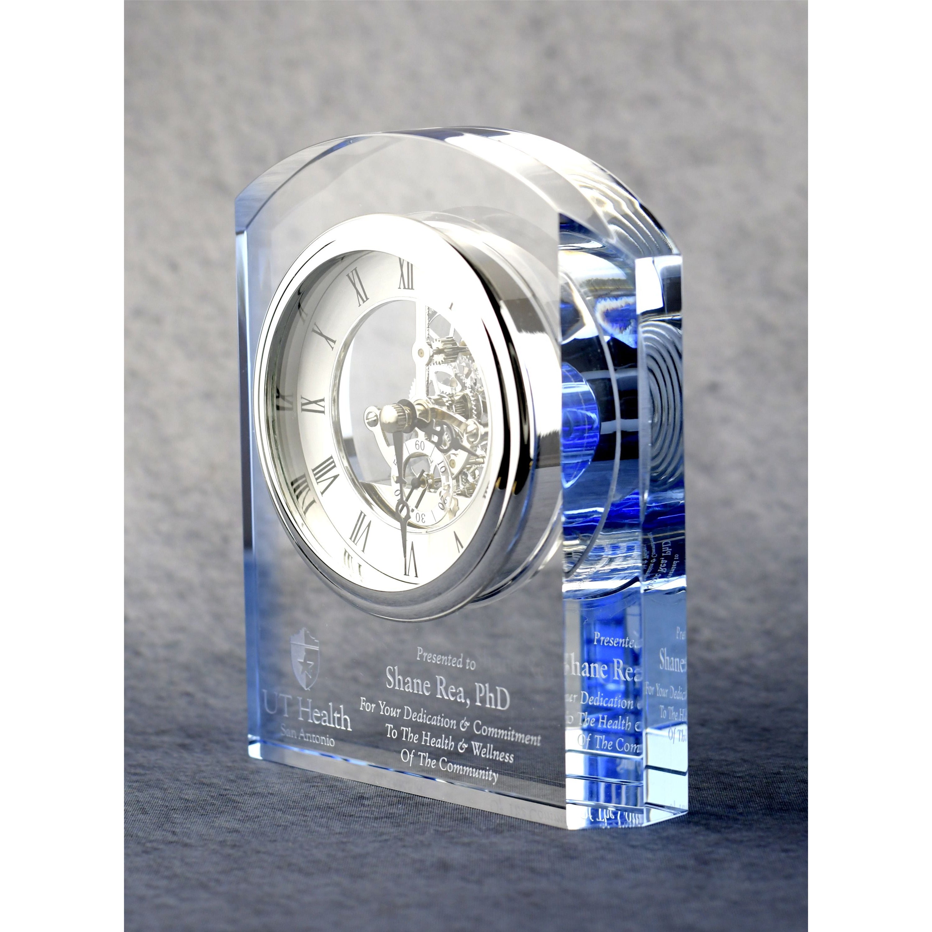 Crystal Clock With Blue Accents | Alliance Awards LLC.