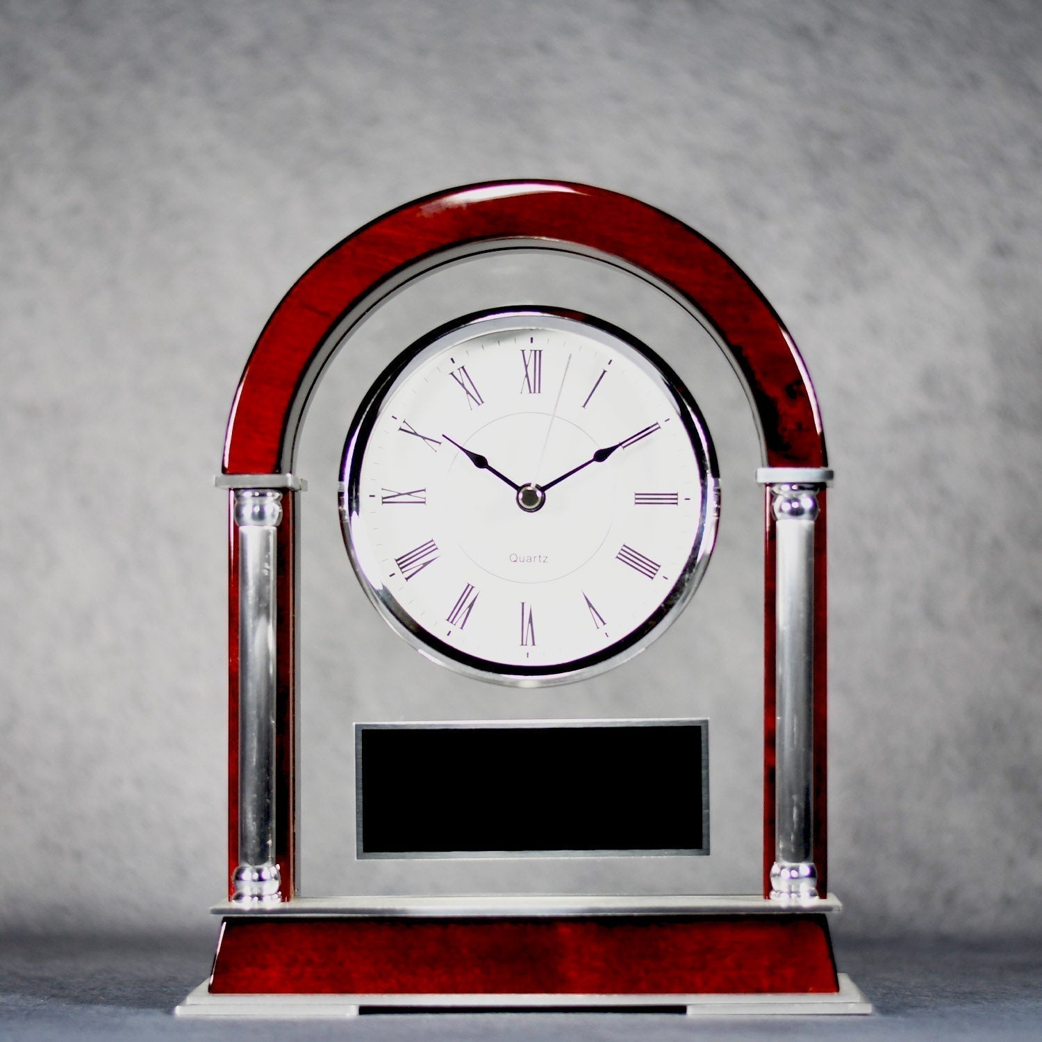 Rosewood And Silver Arched Mantle Clock | Alliance Awards LLC.