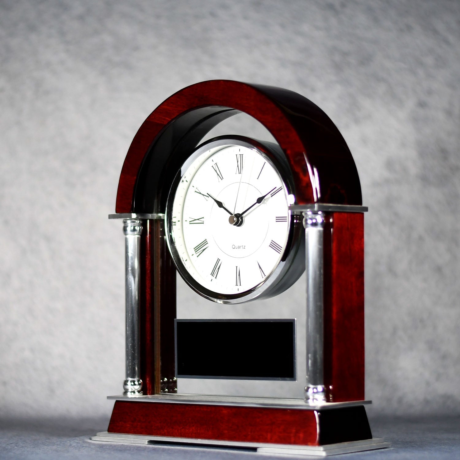 Rosewood And Silver Arched Mantle Clock | Alliance Awards LLC.