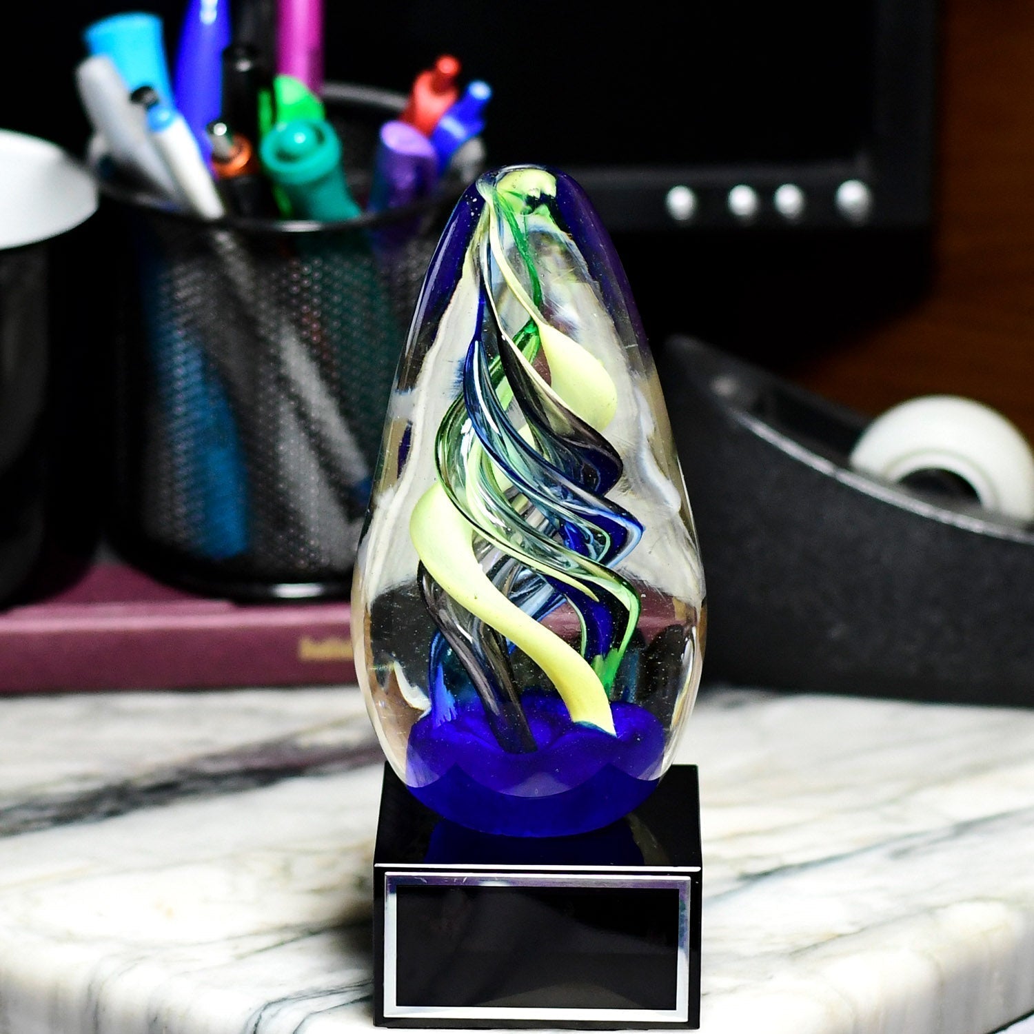 Art Glass Egg On Black Glass Base | Alliance Awards LLC.