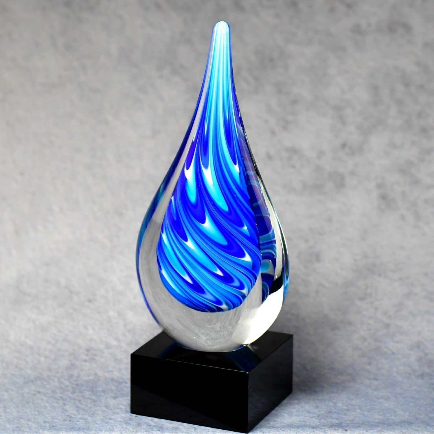 Blue/White Teardrop On Black Glass Base | Alliance Awards LLC.