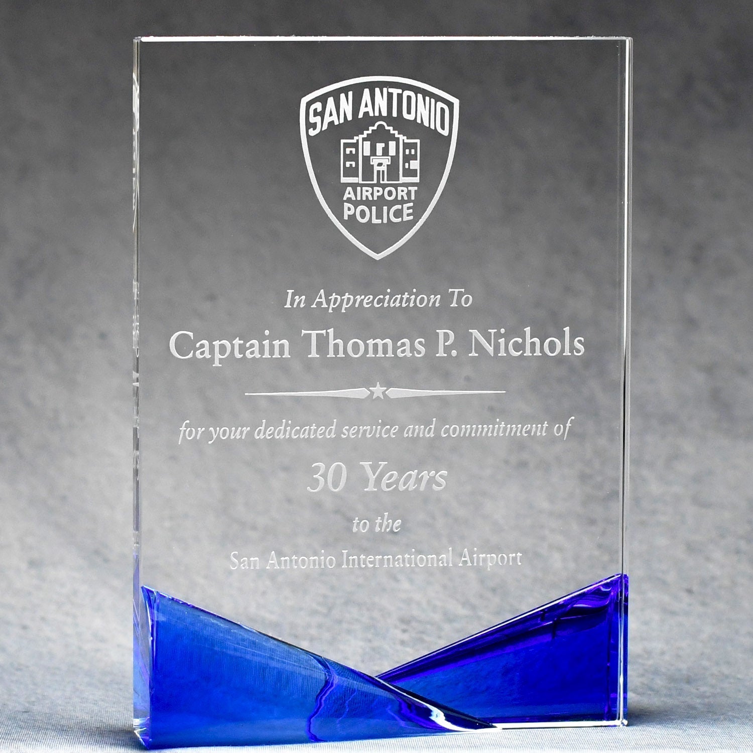 Clear Crystal With Bow-Tie Blue & Red Accents | Alliance Awards LLC.