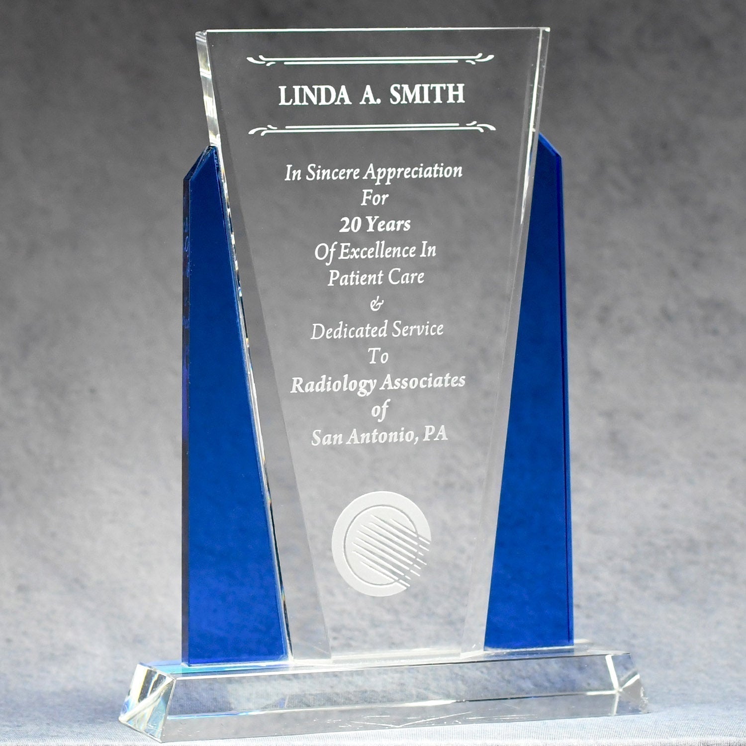 Crystal With Blue Side Panels | Alliance Awards LLC.