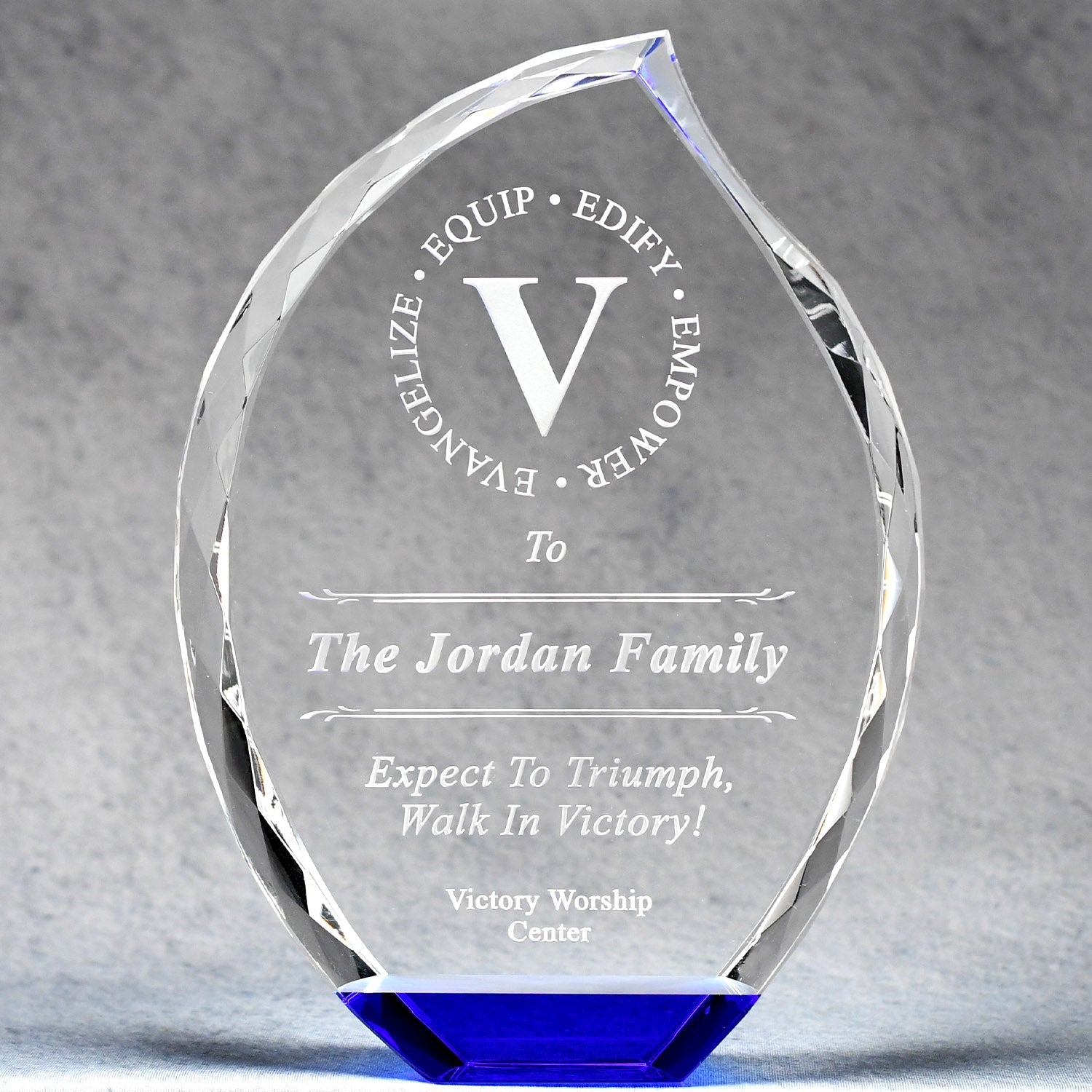 Multi-Faceted Crystal Flame With Blue Base | Alliance Awards LLC.