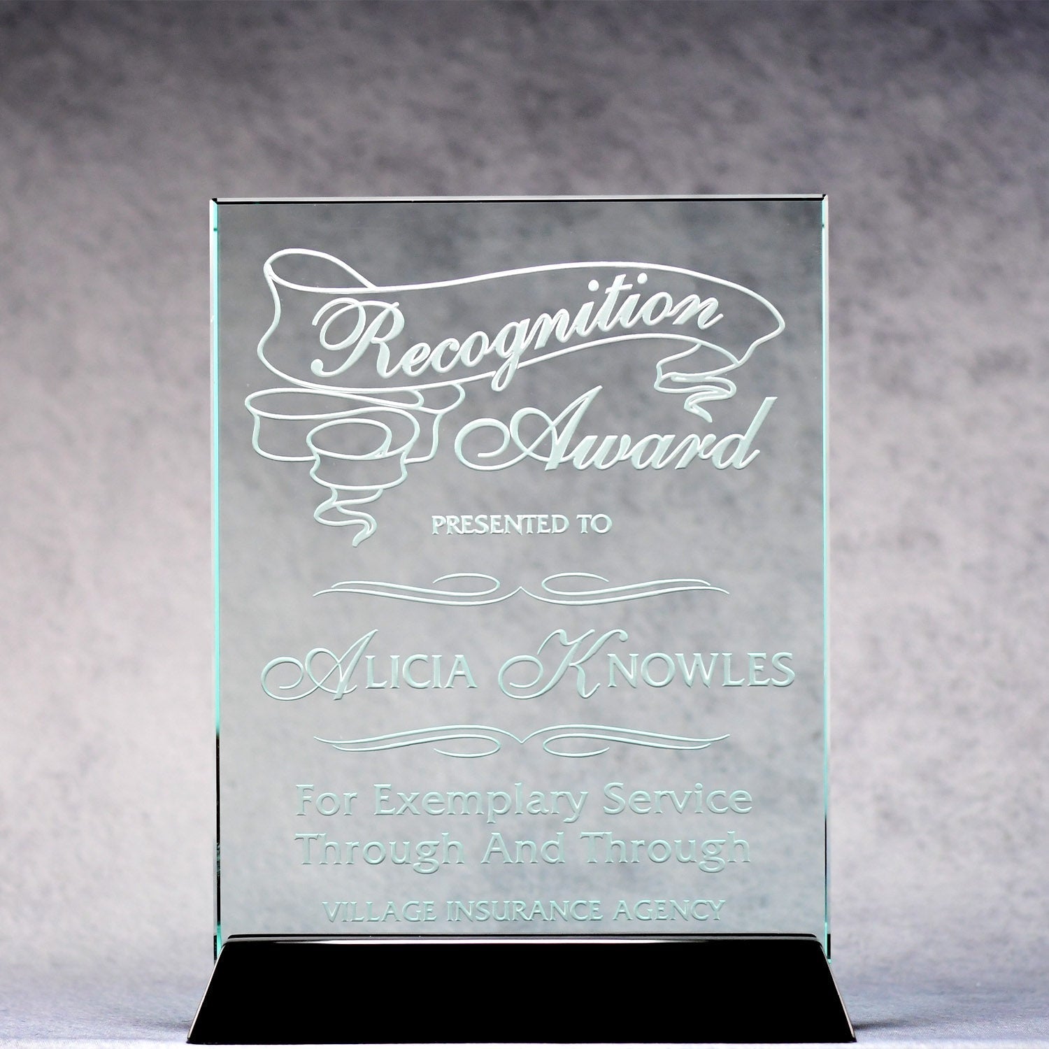 Jade Glass Plaque On Black Piano Base | Alliance Awards LLC.