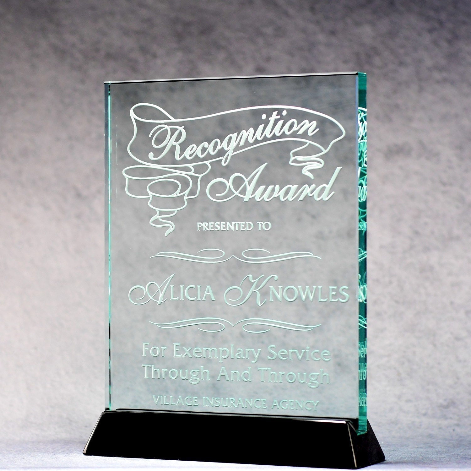 Jade Glass Plaque On Black Piano Base | Alliance Awards LLC.