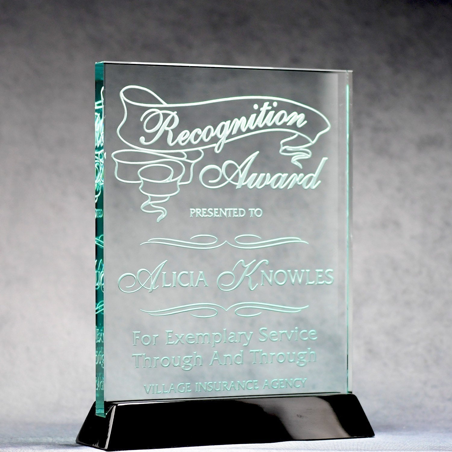 Jade Glass Plaque On Black Piano Base | Alliance Awards LLC.