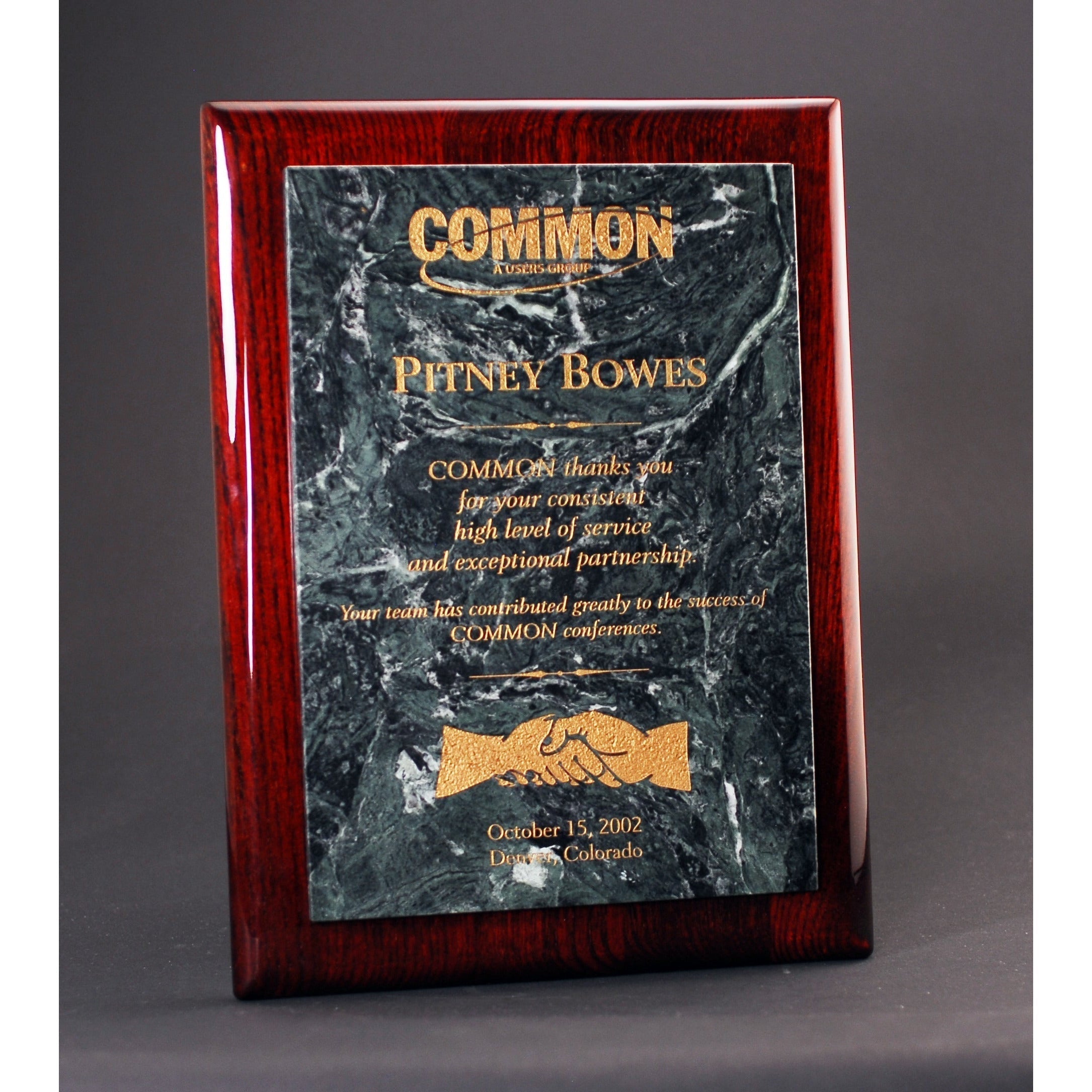 Rosewood Piano Finish Plaque With Green Marble Panel | Alliance Awards LLC.