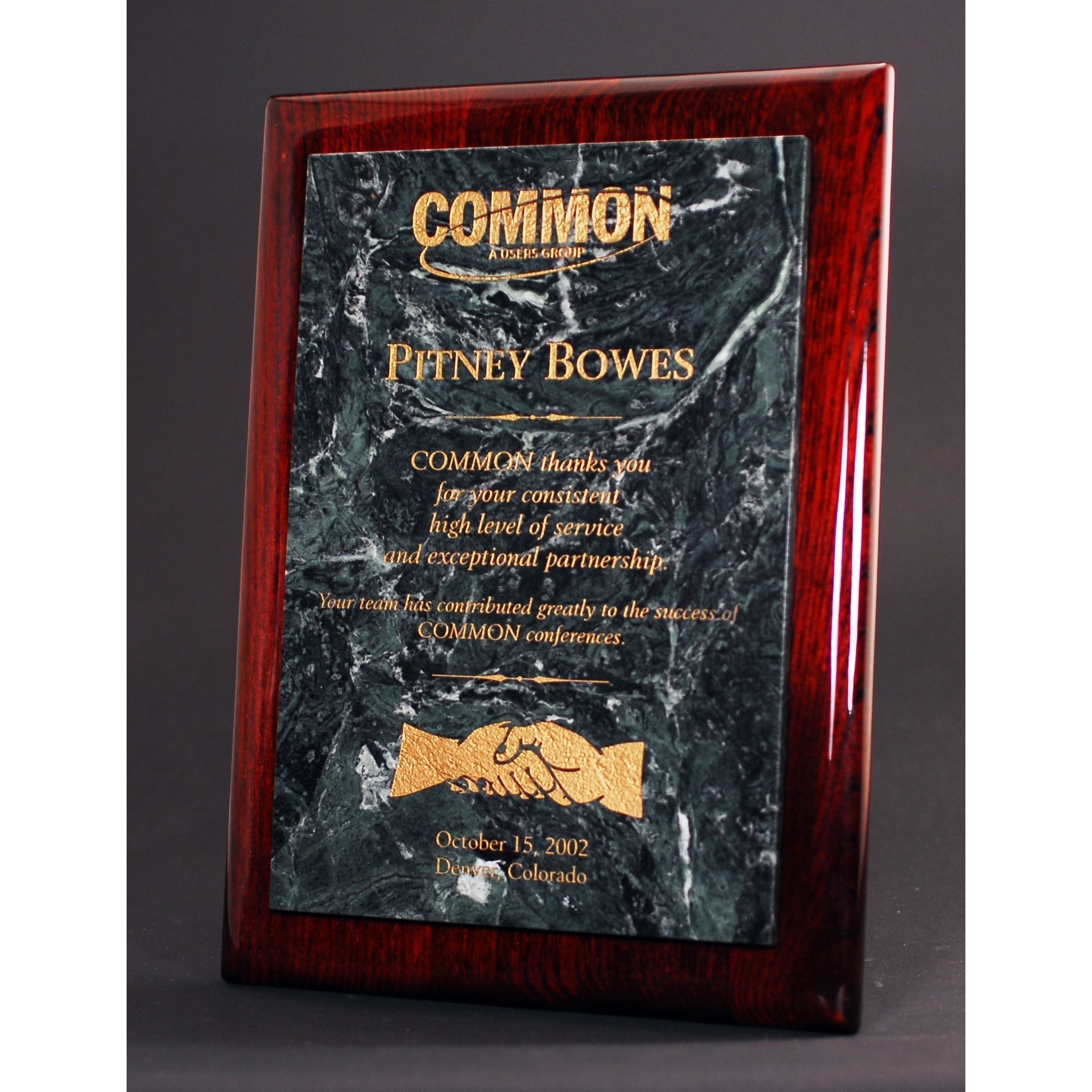 Rosewood Piano Finish Plaque With Green Marble Panel | Alliance Awards LLC.