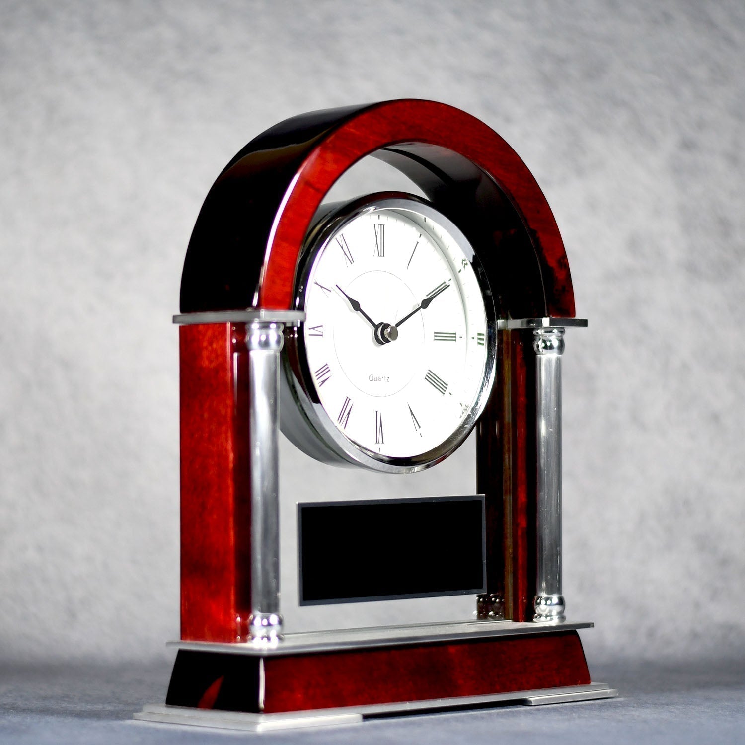 Rosewood And Silver Arched Mantle Clock | Alliance Awards LLC.