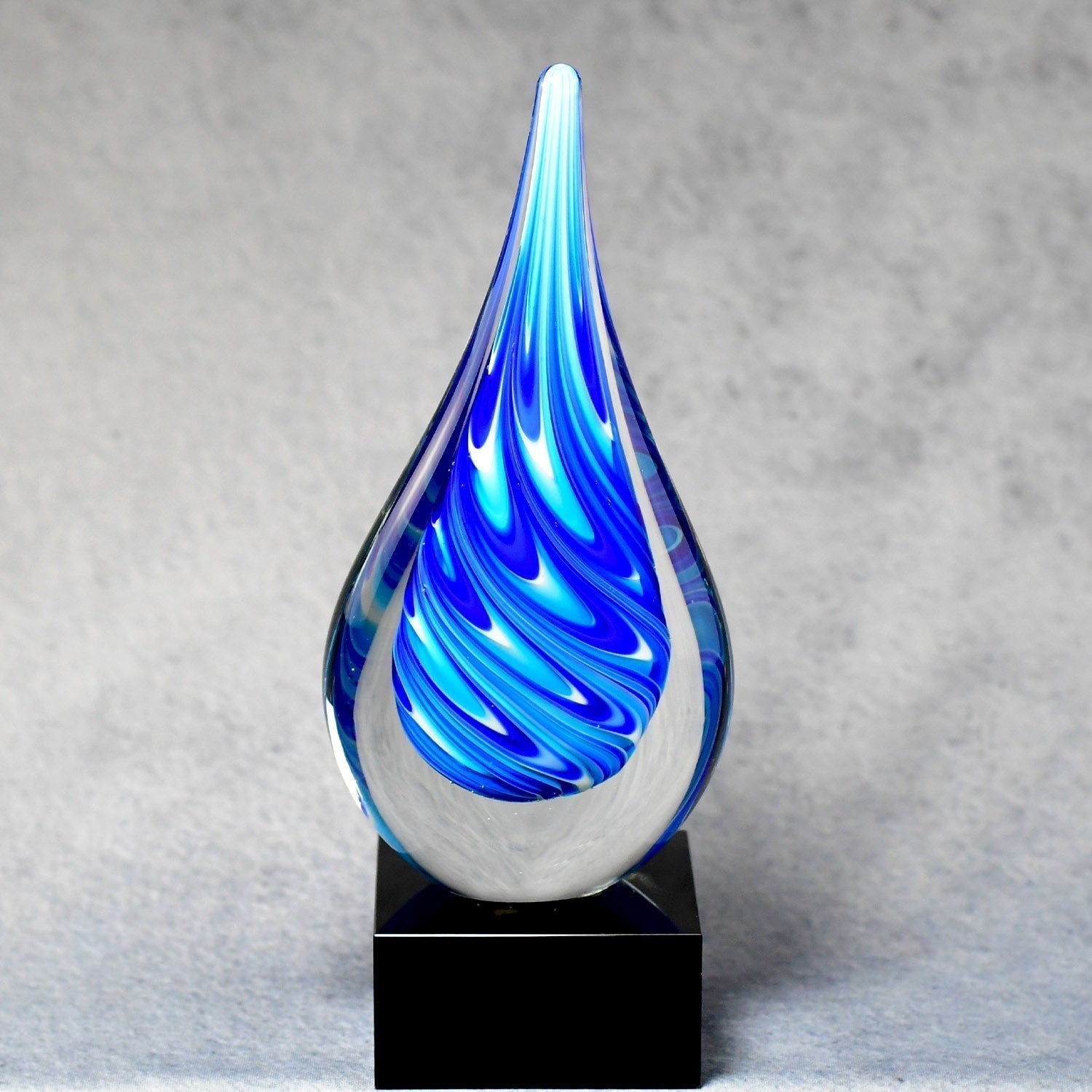 Blue/White Teardrop On Black Glass Base | Alliance Awards LLC.
