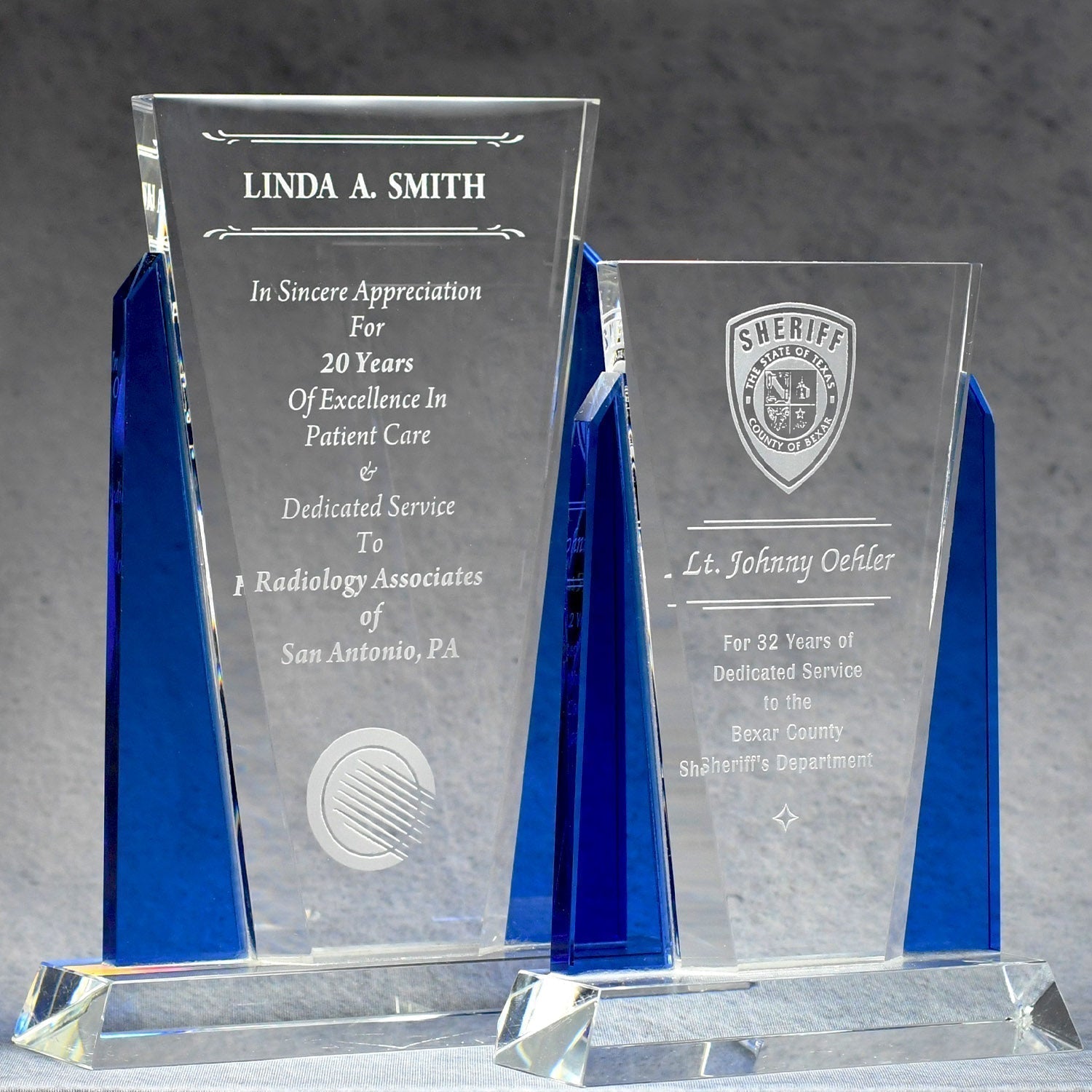 Crystal With Blue Side Panels | Alliance Awards LLC.