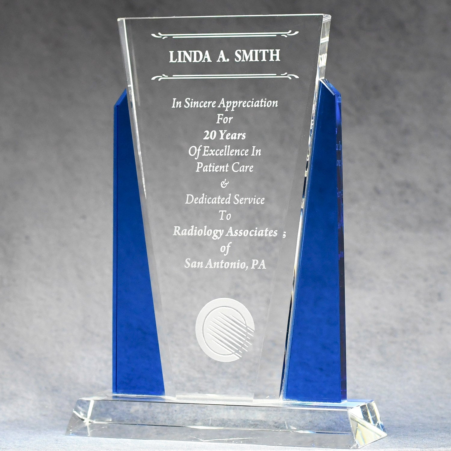 Crystal With Blue Side Panels | Alliance Awards LLC.