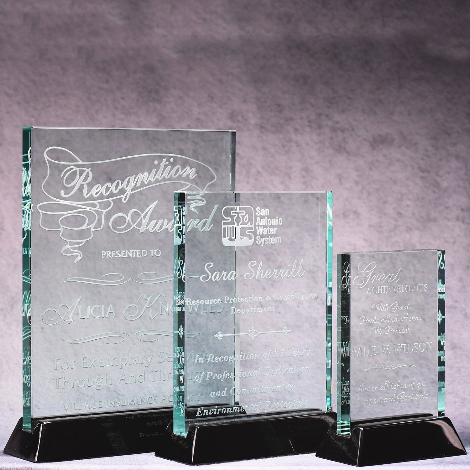 Jade Glass Plaque On Black Piano Base | Alliance Awards LLC.